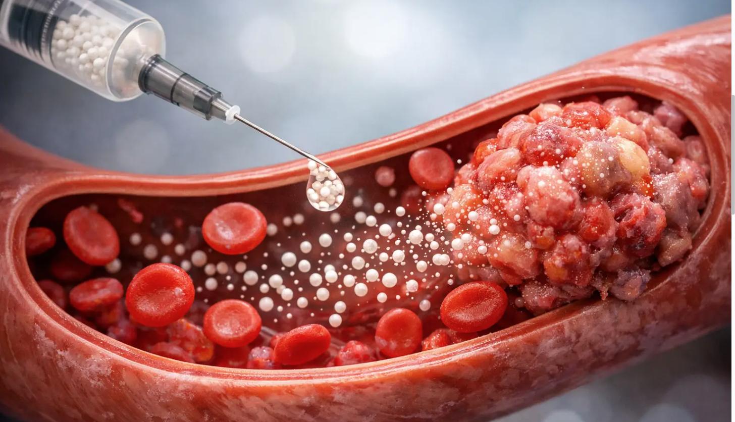 Cross-section of a blood vessel showing drug-eluting microspheres being delivered from a syringe toward tumour tissue